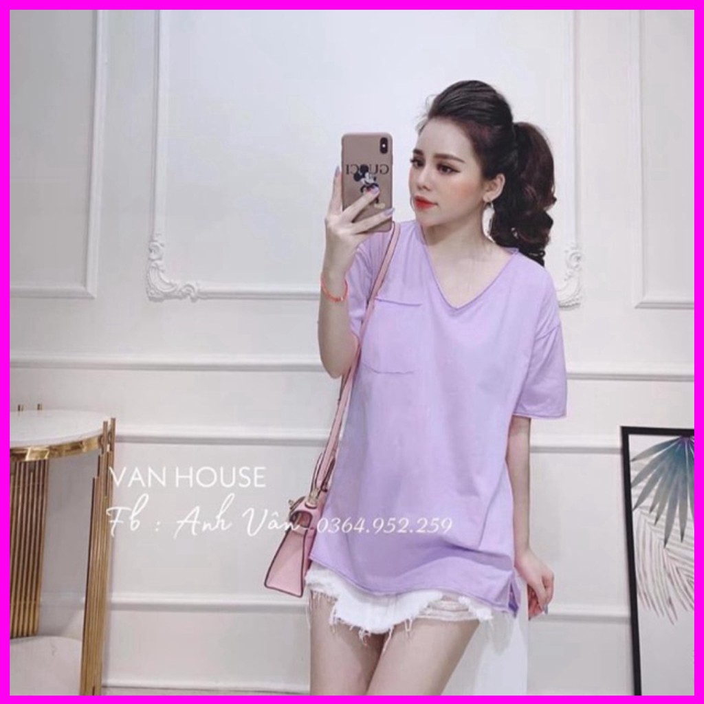 Áo thun cộc tay cổ tim xẻ tà có túi chất zip