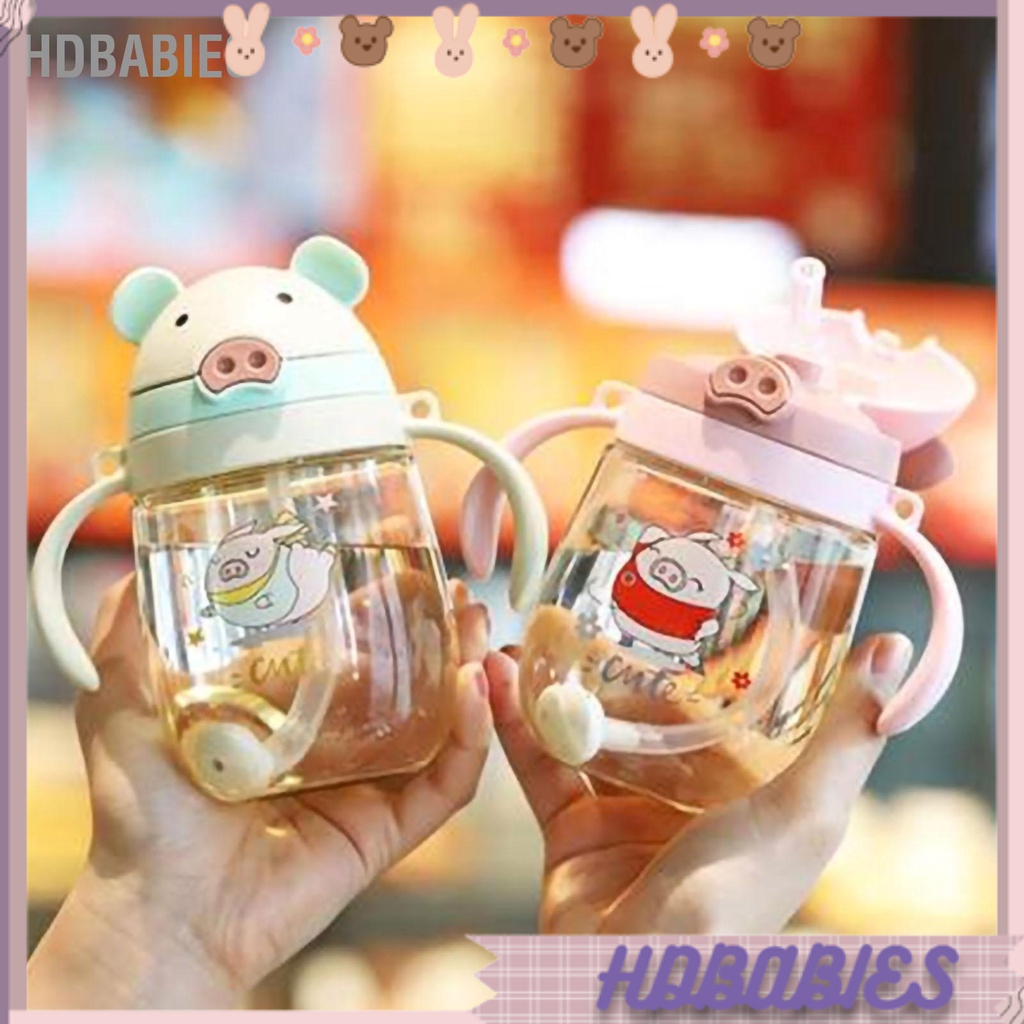 HDbabies Bình đựng nước Tay cầm đôi Cốc rơm bằng nhựa 350ml với dây đeo có thể điều chỉnh cho trẻ em