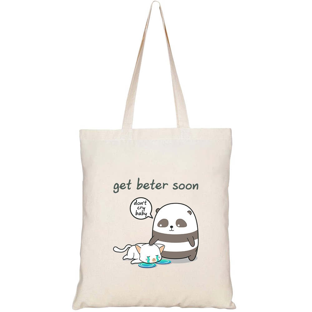 Túi vải tote canvas HTFashion in hình kawaii panda is taking care cat HT142