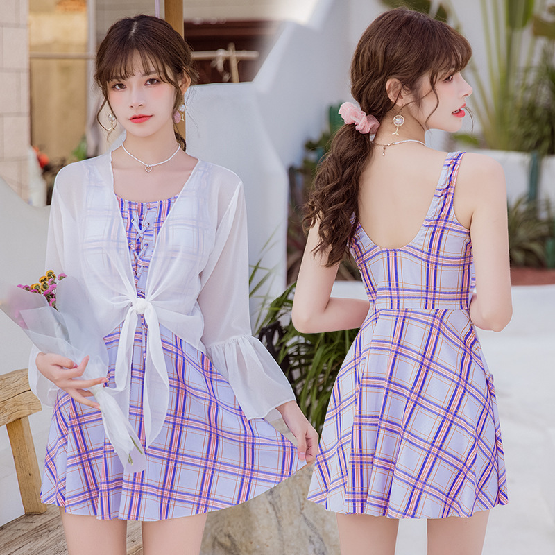 Fashion plaid blouse sunscreen small fresh girl swimsuit split skirt hot spring swimsuit casual beach swimwear | BigBuy360 - bigbuy360.vn