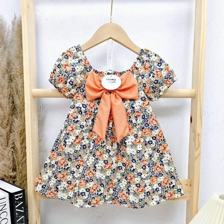 Váy hoa bé gái, đầm bé gái nơ buộc vải thô hoa mềm mại loại 1 size 12-22kg có 5 màu