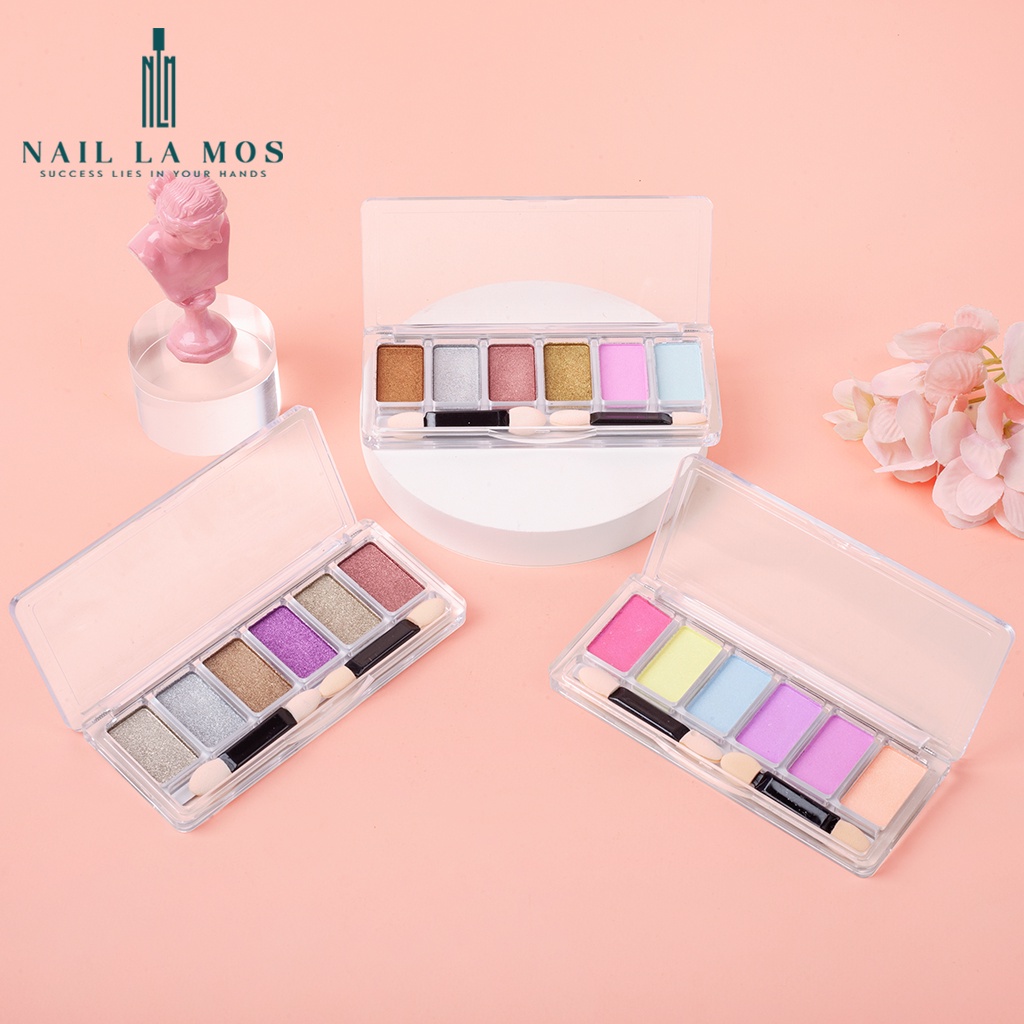 Set 6 màu bột tráng gương dạng nén trang trí móng - tráng gương nail ánh cầu vồng, ánh ngọc trai sáng lấp lánh rất đẹp