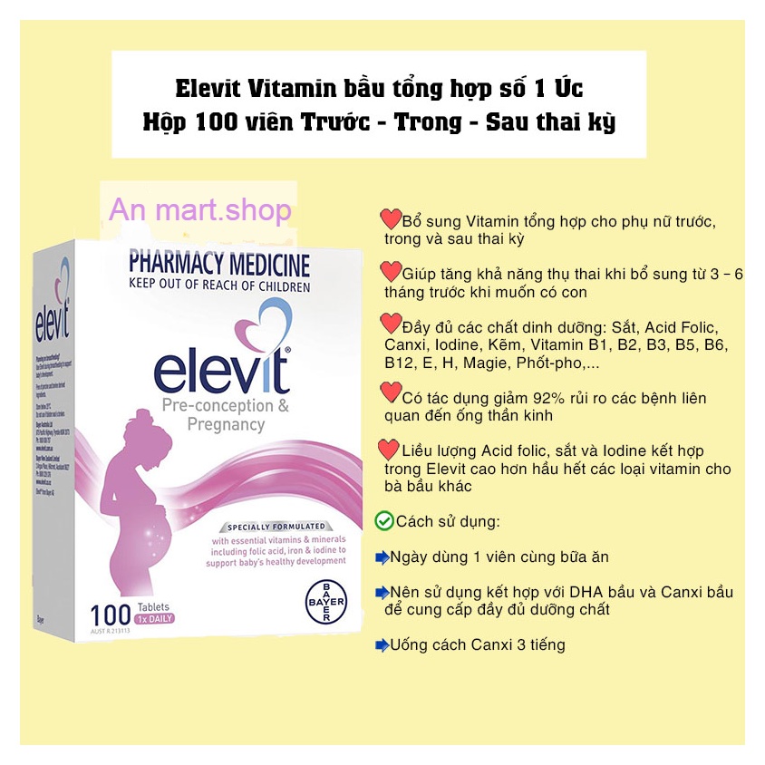 Vitamin tổng hợp dành cho mẹ bầu Elevit hộp 100 viên, bổ sung đầy đủ các dưỡng chất cần thiết cho thai nhi phát triển