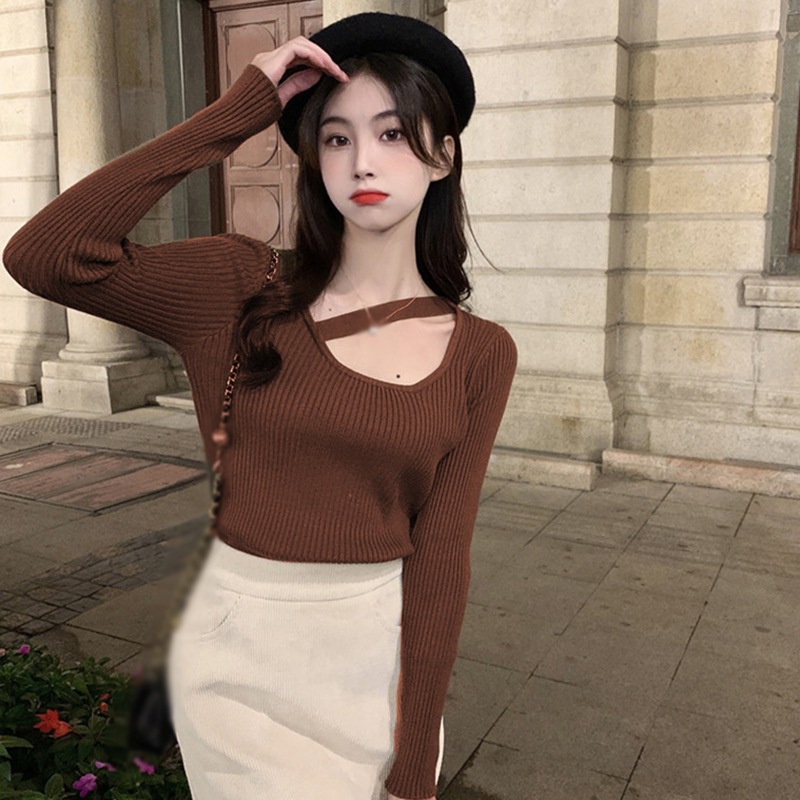 Áo Sweater Dệt Kim Tay Dài Dáng Ôm Màu Sắc Trơn Gợi Cảm Cho Nữ