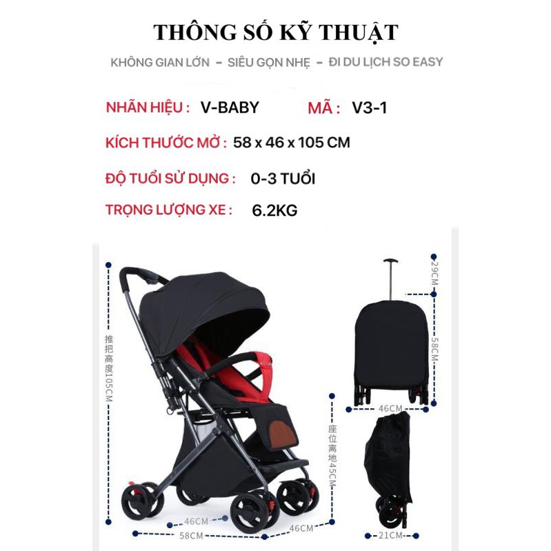 Xe đẩy 2 chiều gấp gọn du lịch V-Baby V3-1 Hàng cao cấp sản xuất theo công nghệ Nhật Bản