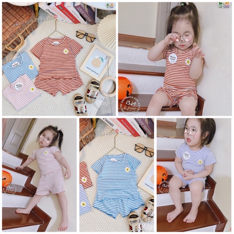 NT017 Bộ cộc tay cotton thun tăm Minky Mom sọc dệt thêu hoa cúc xinh xắn cho bé gái