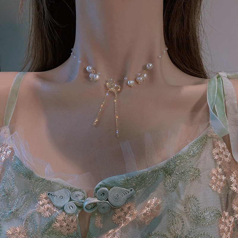 Vòng cổ Hình Nơ Đính Ngọc Trai Và Kim Cương Lấp Lánh Sang Trọng Dành Cho Nữ 2022