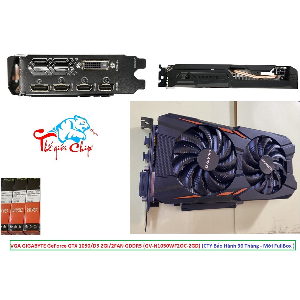 VGA (Cạc màn hình) GIGABYTE GeForce GTX 1050 2GI/D5 (GV-N1050WF2OC-2GD) 2FAN (CTY Box-3 Năm)