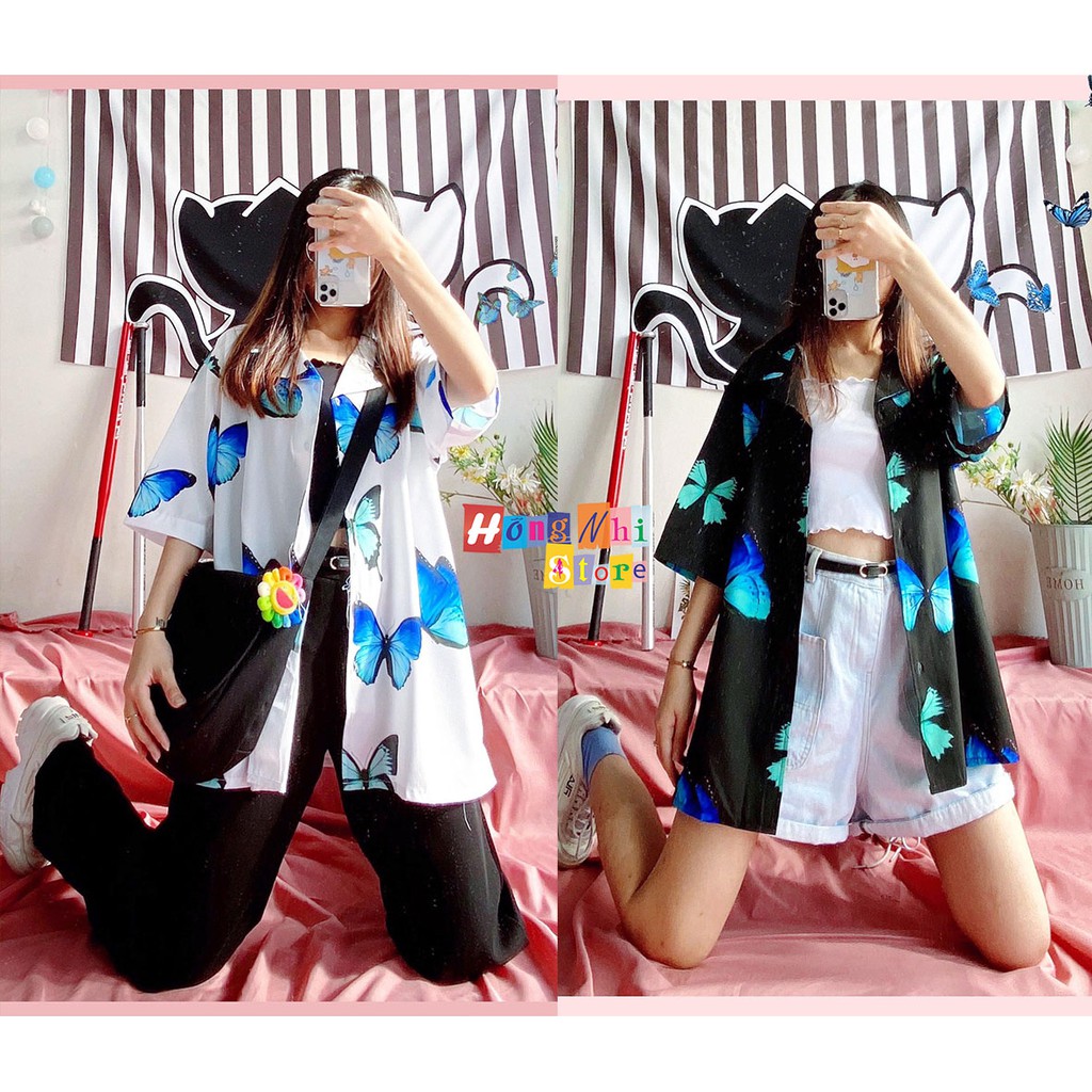 Áo sơ mi hoạ tiết tay lỡ dáng rộng, sơ mi đi biển, sơ mi bướm to tay lửng unisex - mm