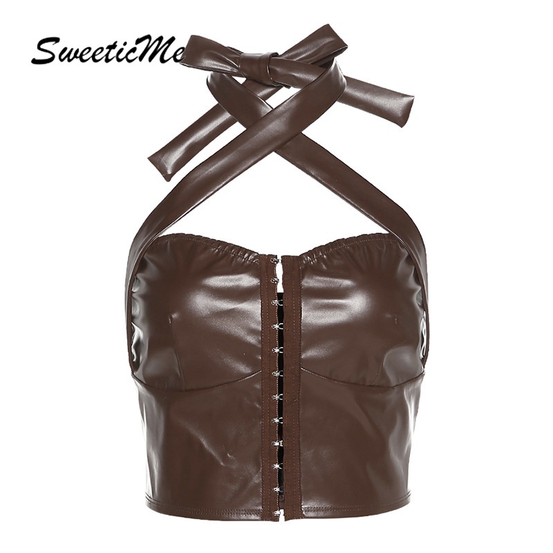 SweeticMe Women's   New Sexy Off Shoulder Backless Slim PU Halter Top