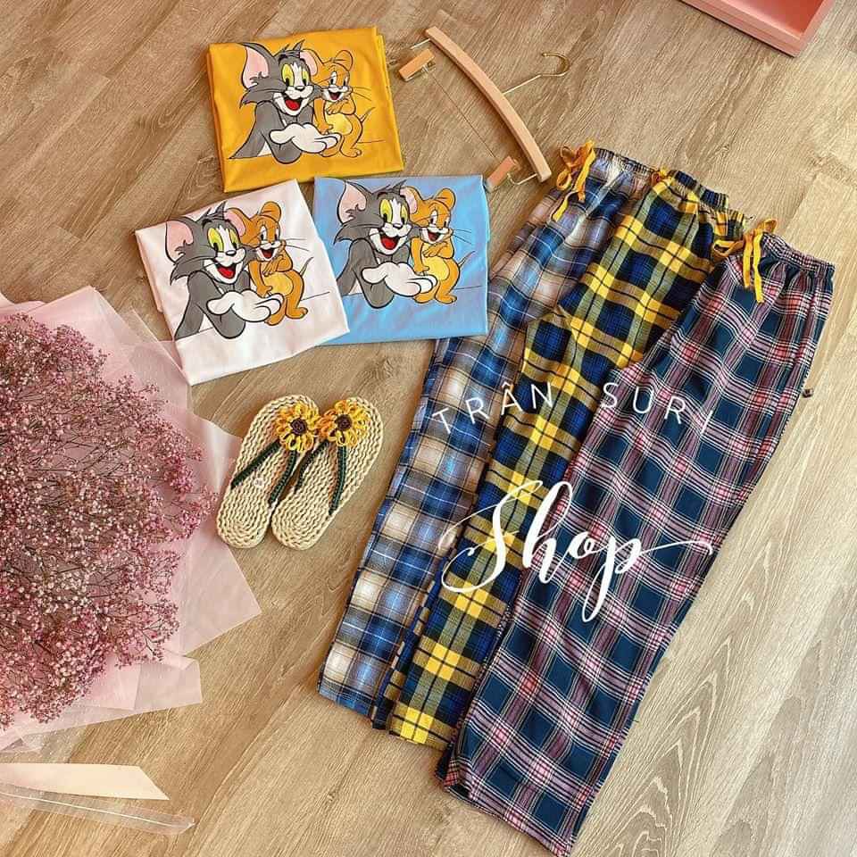 SET BỘ ÁO THUN TOM JERRY + QUẦN BAGGY CARO ỐNG RỘNG 3 MÀU