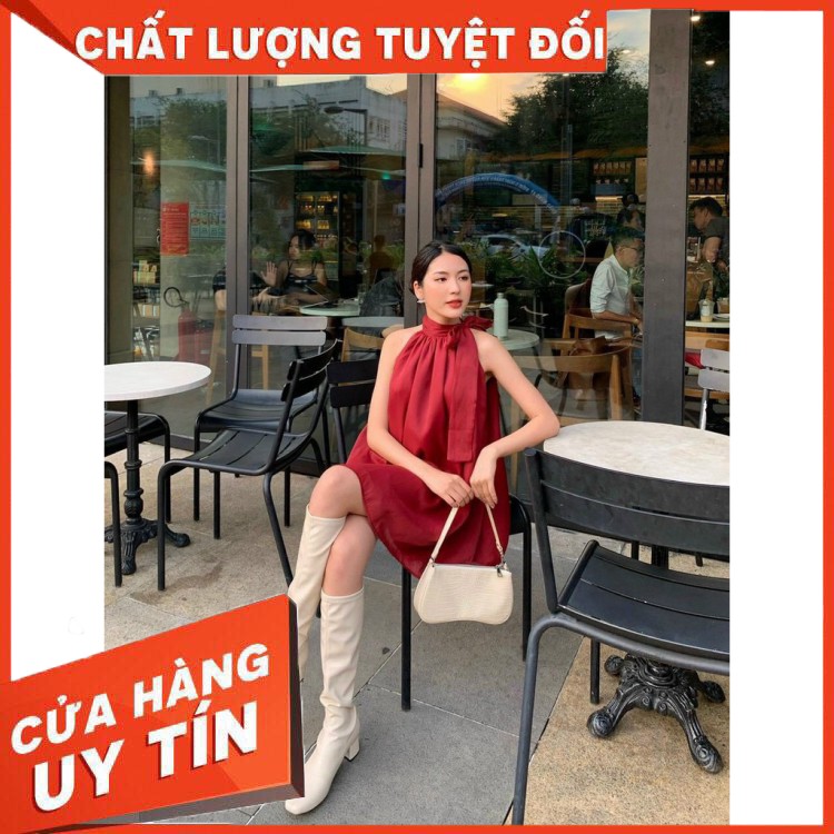 HÀNG CAO CẤP -  Đầm Cổ Yếm Đỏ- Váy Nữ Cổ Nó Nơ Cực Chất- Kiểu Dáng Hiện Đại, Sang Chảnh Phù Hợp Cho Các Nàng Đi Làm, Dạo