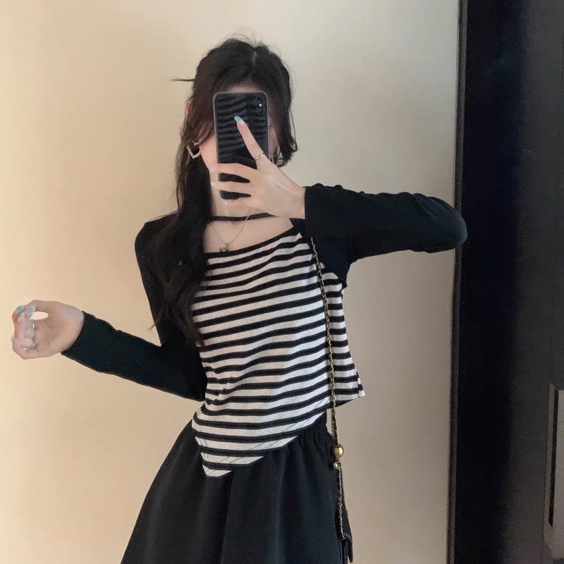 Áo thun kẻ tay dài vạt xẻ dây chéo cổ - hàng có sẵn