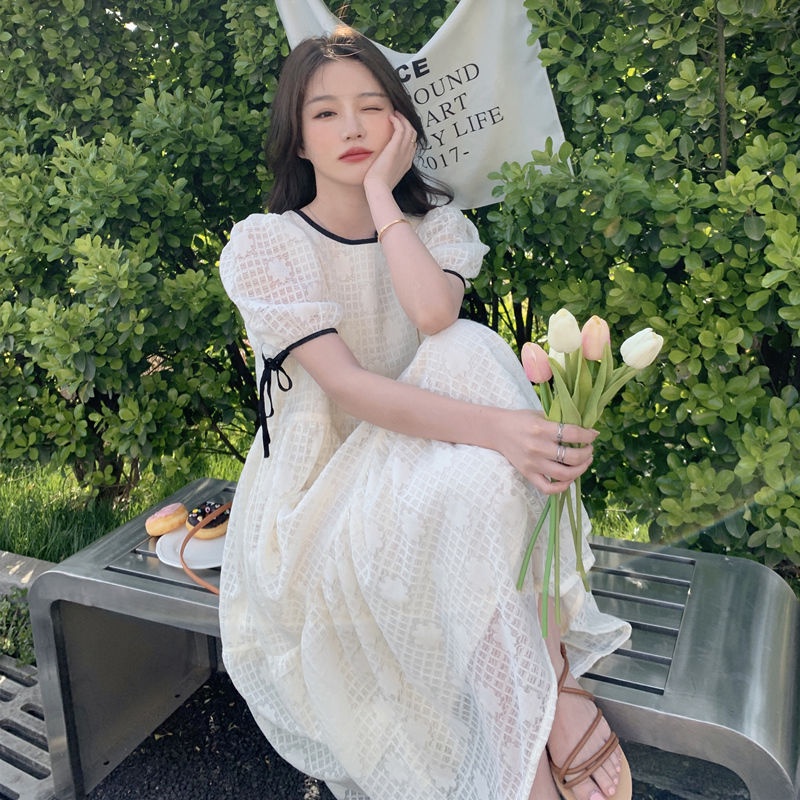 Đầm Dài Tay Phồng Màu Trắng Phong Cách Hàn Quốc Thời Trang Cho Nữ