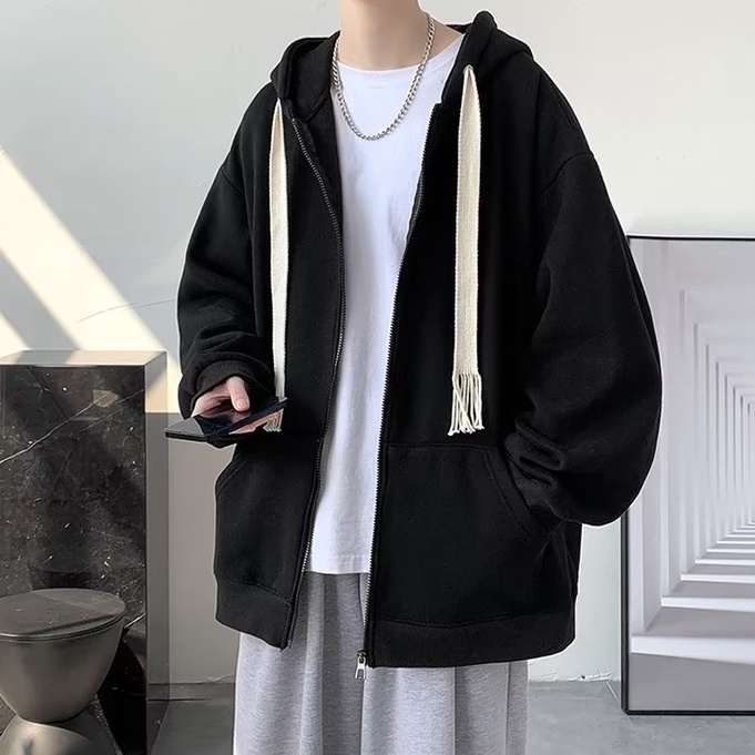 Áo Khoác Hoodie Màu Trơn Phối Dây Rút Cá Tính Thời Trang Hàn Quốc Cho Nam áo khoác hoodie cặp bigsize áo khoác hoodie nam form rộng áo khoác