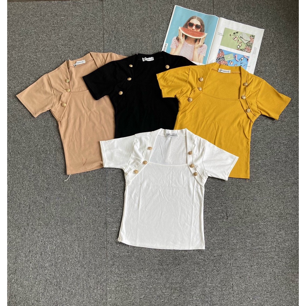Áo thun cổ vuông khuy đồng siêu hot
