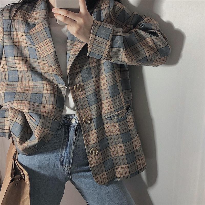 Áo Khoác Vest Kẻ Sọc Ca Rô Dáng Rộng Phong Cách retro Hàn Quốc 2022