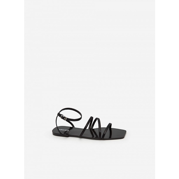 Vascara Giày Sandal Ankle Đế Bệt Mũi Vuông Vân Da Kỳ Đà - SDK 0317 - Màu Đen