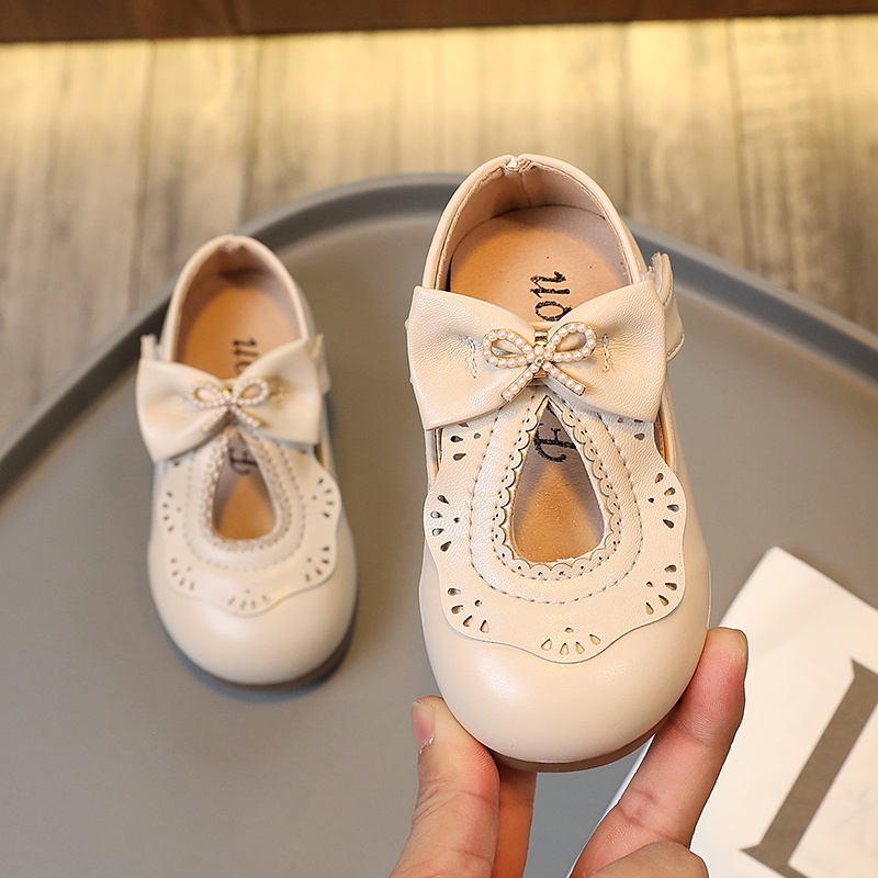 Giày Búp Bê Da Đế Mềm Chống Trượt Đính Nơ Phong Cách Vintage Cho Bé Gái 2-8 Tuổi