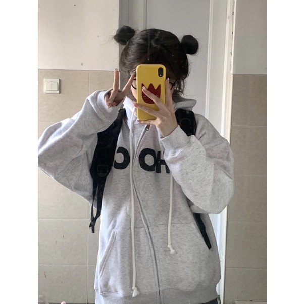 Áo Hoodie Zip Nỉ Cotton OH-OH Tay Phồng Form Rộng Thêu Chữ