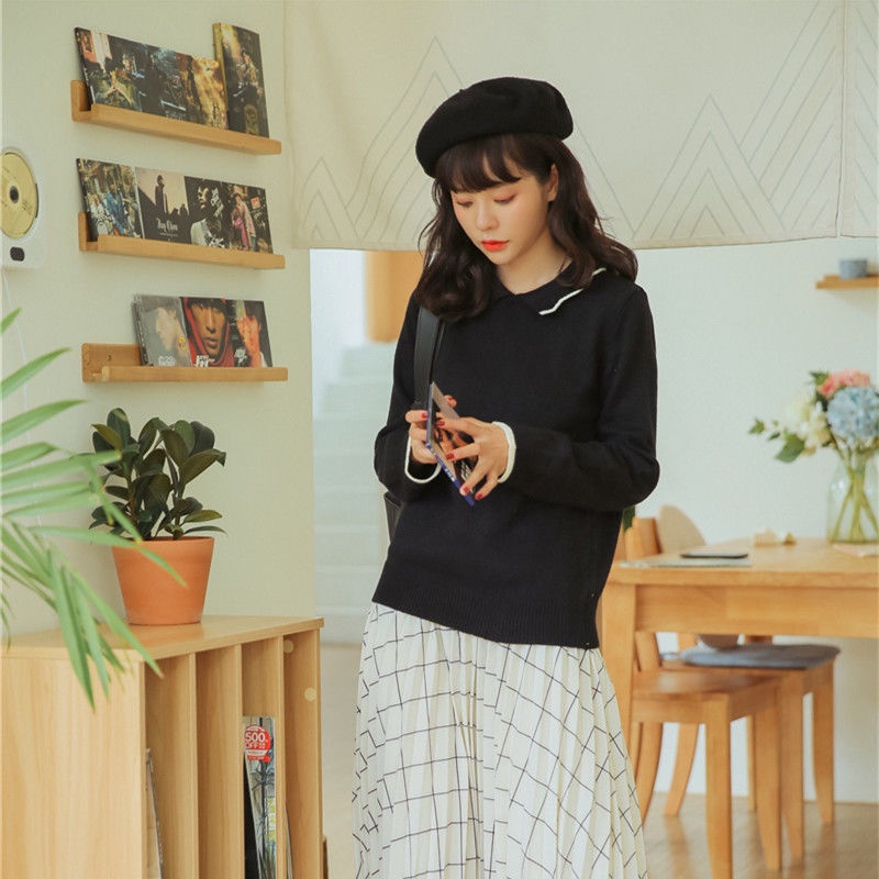 Áo sweater Cổ Bẻ Màu Sắc Tương Phản Thời Trang Thu Đông Cho Nữ