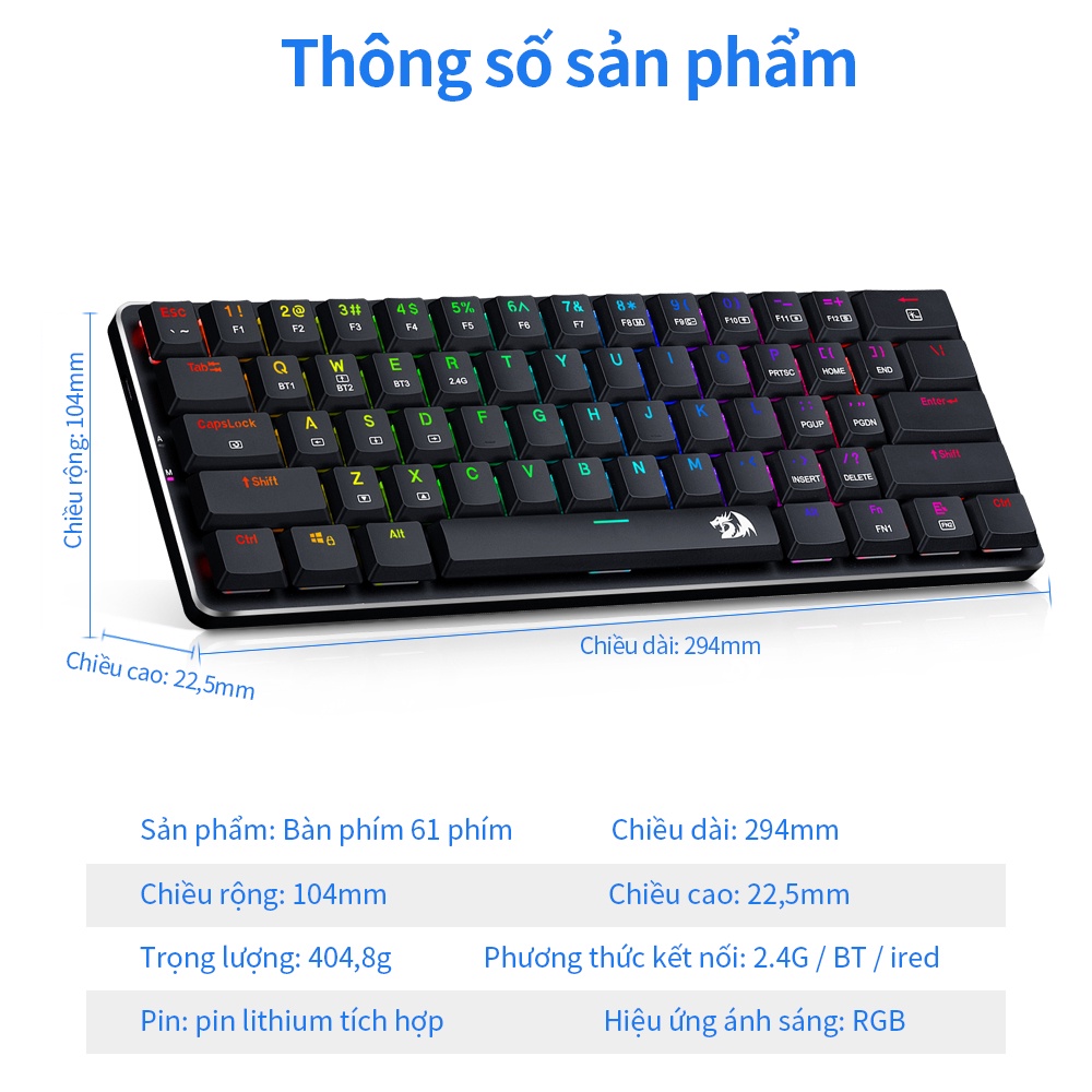Bàn Phím Cơ REDRAGON Elise K615P blue switch 61 phím bluetooth 2.4G với 3 chế độ