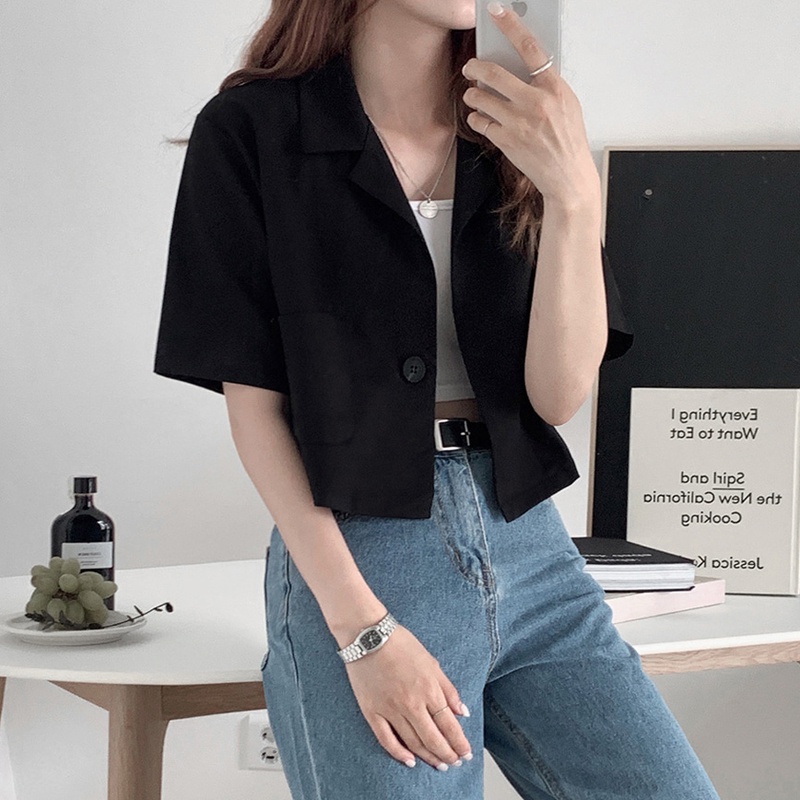 Áo khoác blazer SUXI tay ngắn màu trơn phong cách vintage Hàn Quốc