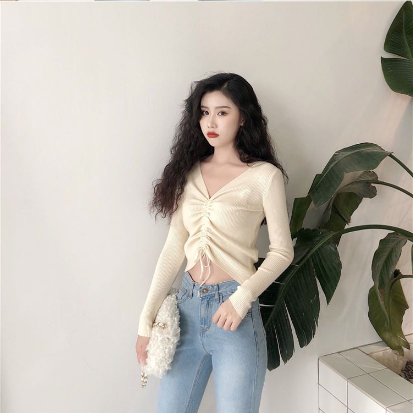 Áo dài tay Croptop Cổ Tim eo Rút Dây CRT05