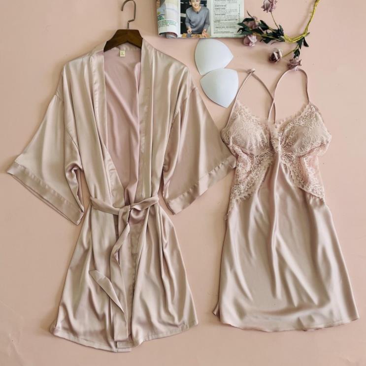 Áo choàng ngủ Kimono bằng lụa Satin phối ren thời trang xuân thu quyến rũ cho nữ ! | BigBuy360 - bigbuy360.vn