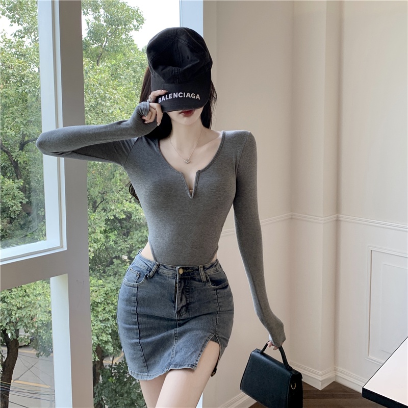 Glorki one-piece top women's crotch European and American style sexy hot girl tight long-sleeved one-shoulder knitted shirt inner base shirt autumn | BigBuy360 - bigbuy360.vn