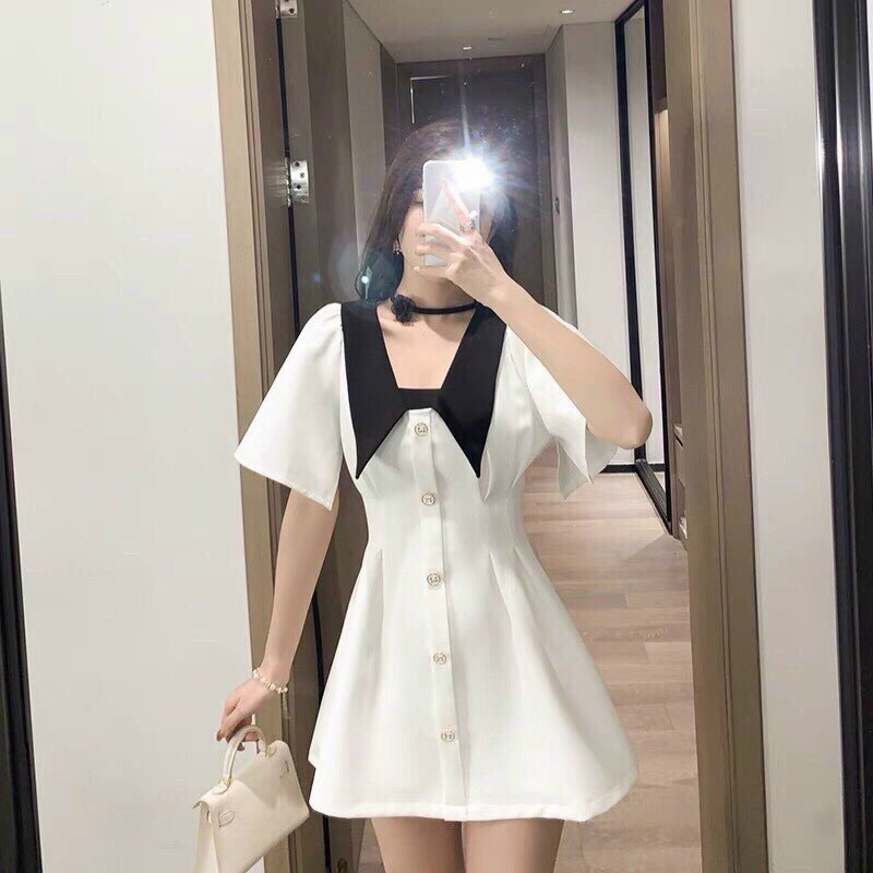[ Miễn phí ship 2022 ] Đầm đen trắng phối cổ nhọn dáng xòe, váy tiểu thư kết nút chiết eo tay ngắn phong cách hàn quốc
