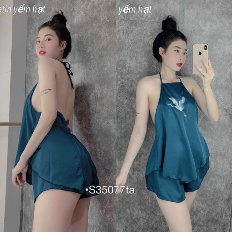 [ĐỒ NGỦ] Đồ bộ nữ mặc nhà mặc ngủ, Set quần đùi áo yếm lụa in hoa cột dây hở lưng ,lụa mịn mát, sexy quyến rũ