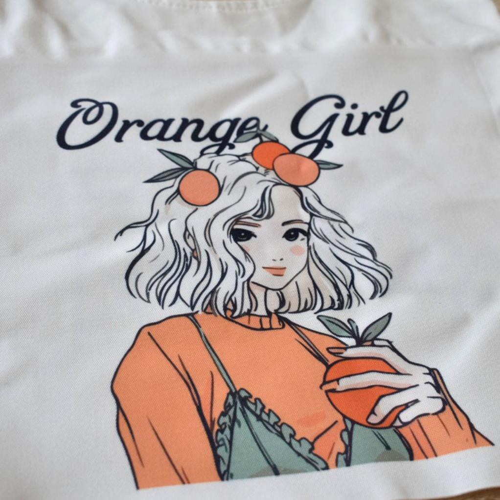 Túi Tote Vải Canvas Nữ Quai Tròn Hàn Quốc In Hình Orange Girl Có Khóa Kéo