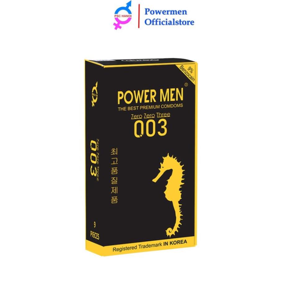 Bao cao su POWERMEN 0.03 siêu mỏng trơn kéo dài thời gian chứa 9% Benzocain chống xuất tinh sớm hộp 01 bcs