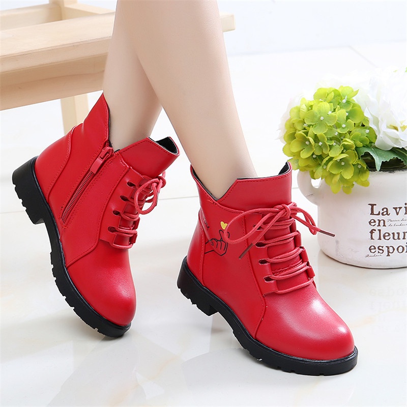 Giày boot cho bé gái da mềm khoá kéo dây thắt thời trang màu Đen Đỏ size 27-39 Phong Cách Hàn Quốc dễ thương Bốt trẻ em