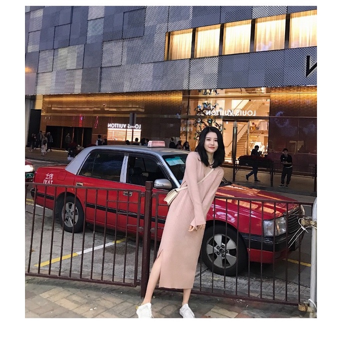 Váy polo len cài khuy dài tay dáng dài 🌱Đầm suông