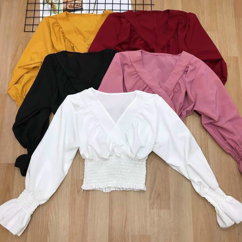 Áo Voan Kiểu Cổ Tim tay Dài Bo Eo Tay