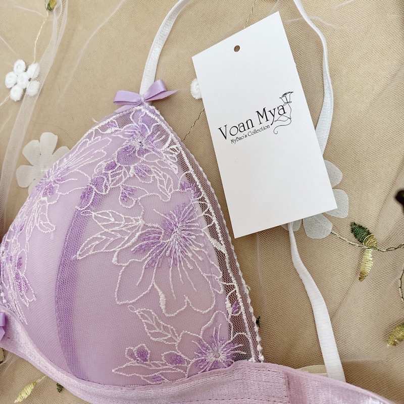 Set Fluer Tím dễ thương - Áo ngực áo bra mút tam giác có nâng không gọng Voan Mya Bralette