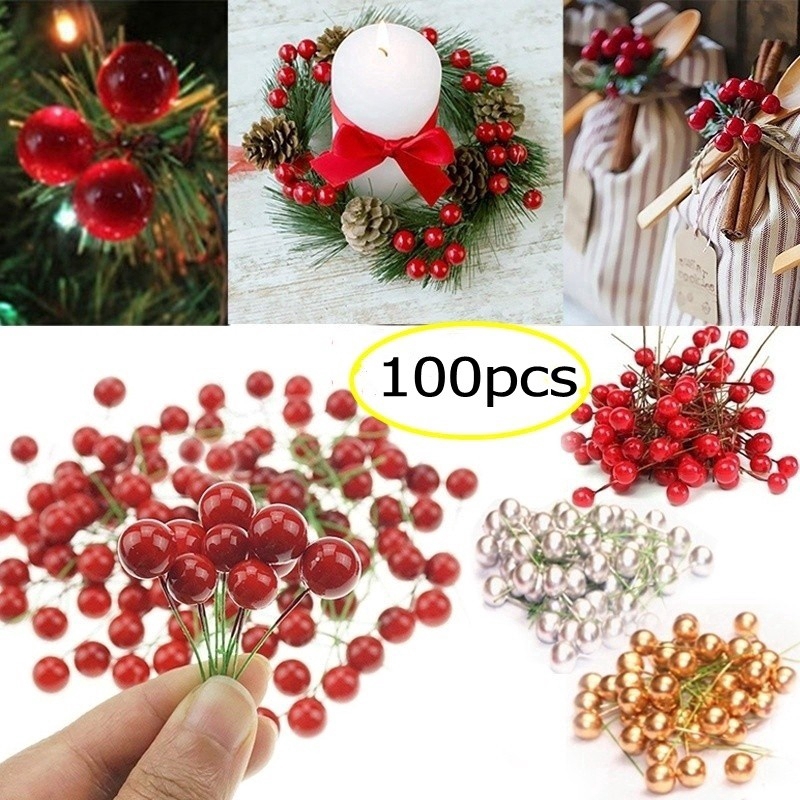 100x  Artificial Red Holly Berry Christmas Decor On Wire Bundle Garland Wreath