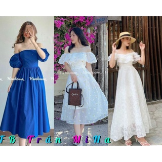 Maxi trắng hoa nổi 2s cột vai rớt bèo tầng - hàng loại 1 chuẩn sàn