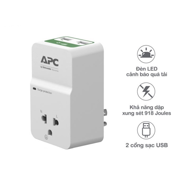 Ổ cắm chống xung sét APC 1 Ổ cắm với 2 cổng sạc USB, bảo hành 10 năm PM1WU2-VN