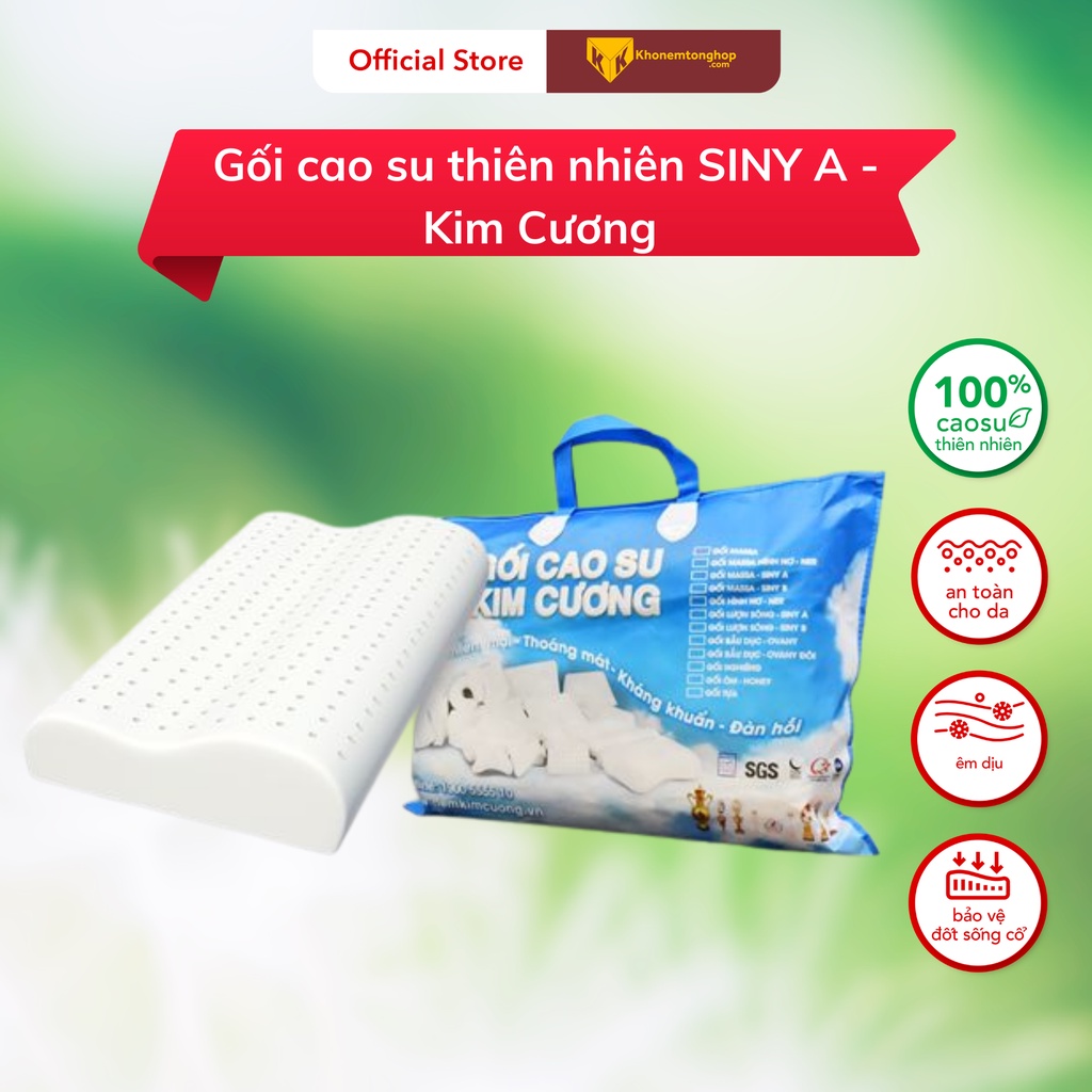 Gối cao su thiên nhiên KIM CƯƠNG SINY A, Kích thước 44x64 cm, êm ái, mềm mại, nâng đỡ cổ và vai [ Chính Hãng]