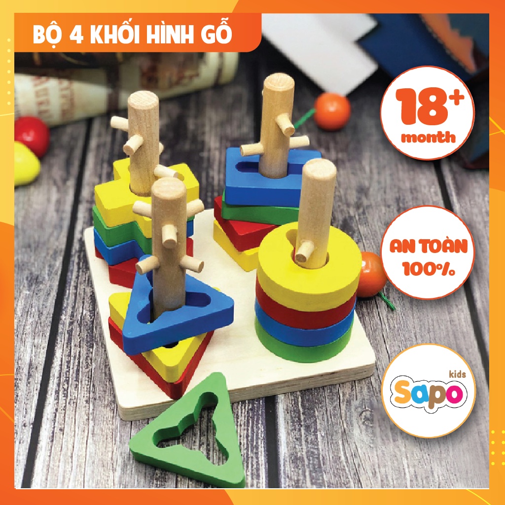 Bộ Đồ Chơi Xếp Hình Montessori Thả Hình Khối Bằng Gỗ 4 Cột Xoay Thông Minh Cho Bé