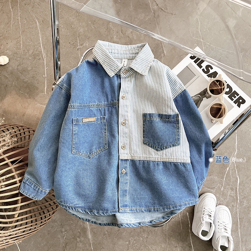Áo Sơ Mi Denim Mỏng Mềm Phối Màu Tương Phản Cá Tính Cho Bé Trai 6 Tuổi
