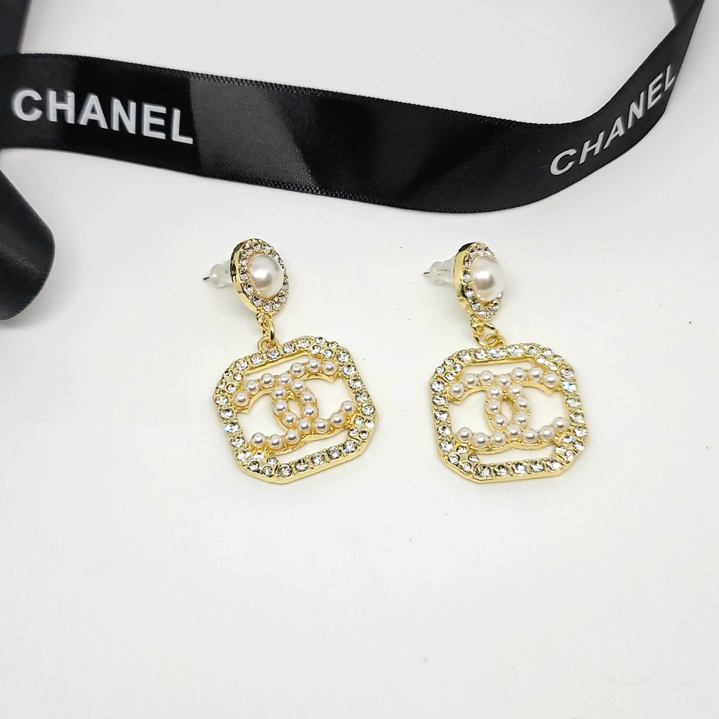 Bông tai nữ thương hiệu CC Cha.nel ngọc trai nhân tạo thả dài sang chảnh TB466