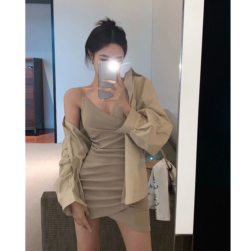 Bán Chạy!F &amp; X Đầm Ngắn Hai Dây Cổ Chữ v Ôm Eo Màu Trơn Thời Trang Mùa Hè Cao Cấp Phong Cách Mới Cho Nữ