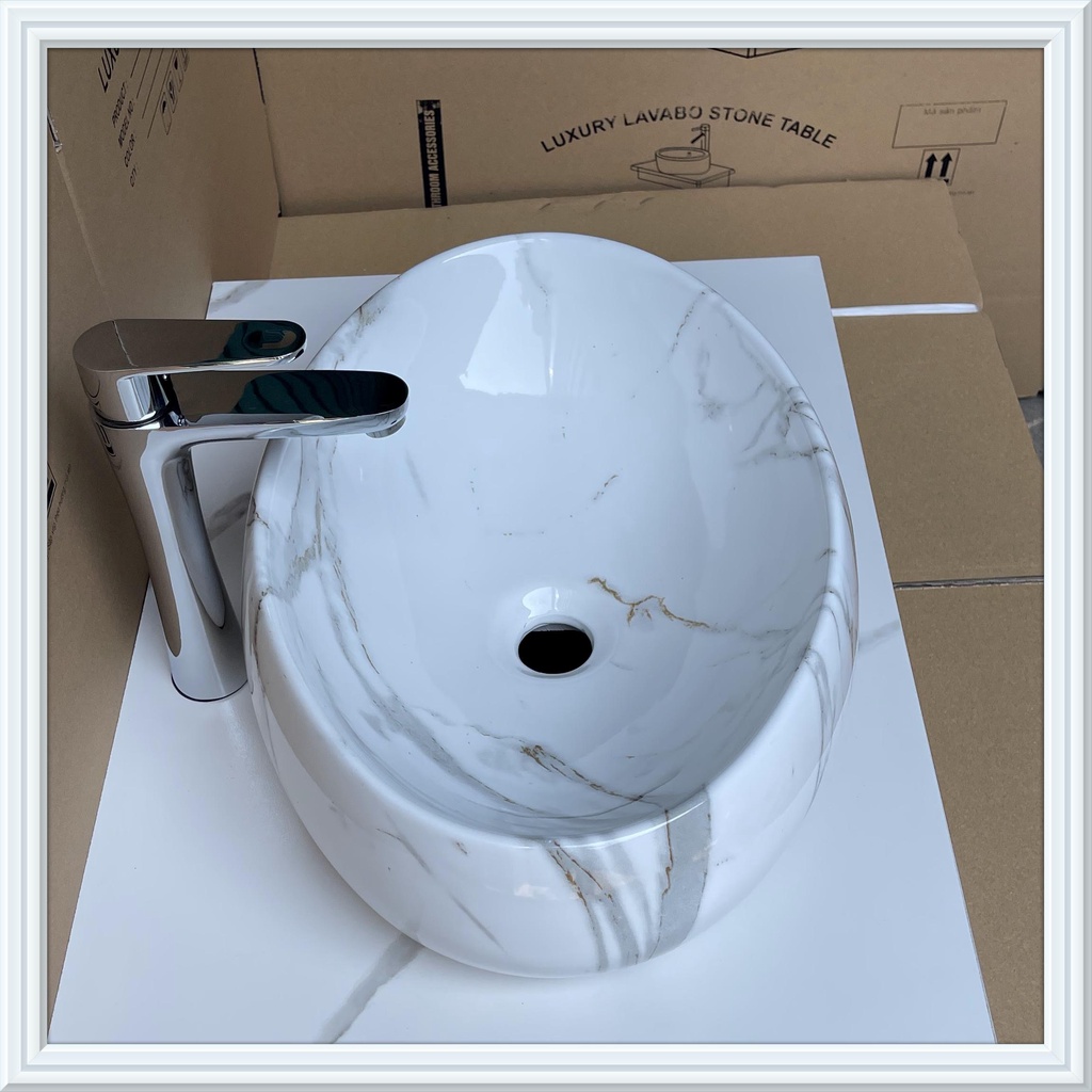 Chậu rửa mặt - Lavabo elip đặt bàn họa tiết vân đá trắng KT 50x31, 40x30cm