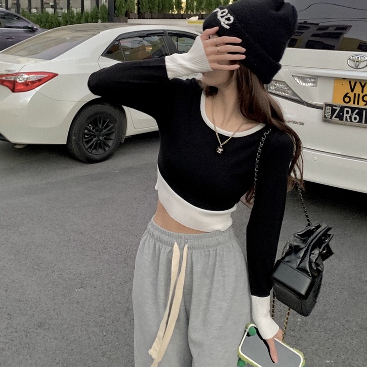 Áo ZHELIHANGFEI dệt kim tay dài hở eo quyến rũ trẻ trung hợp thời trang cho nữ