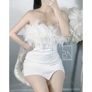 Đầm body quây cúp ngực đính lông vũ xẻ đùi