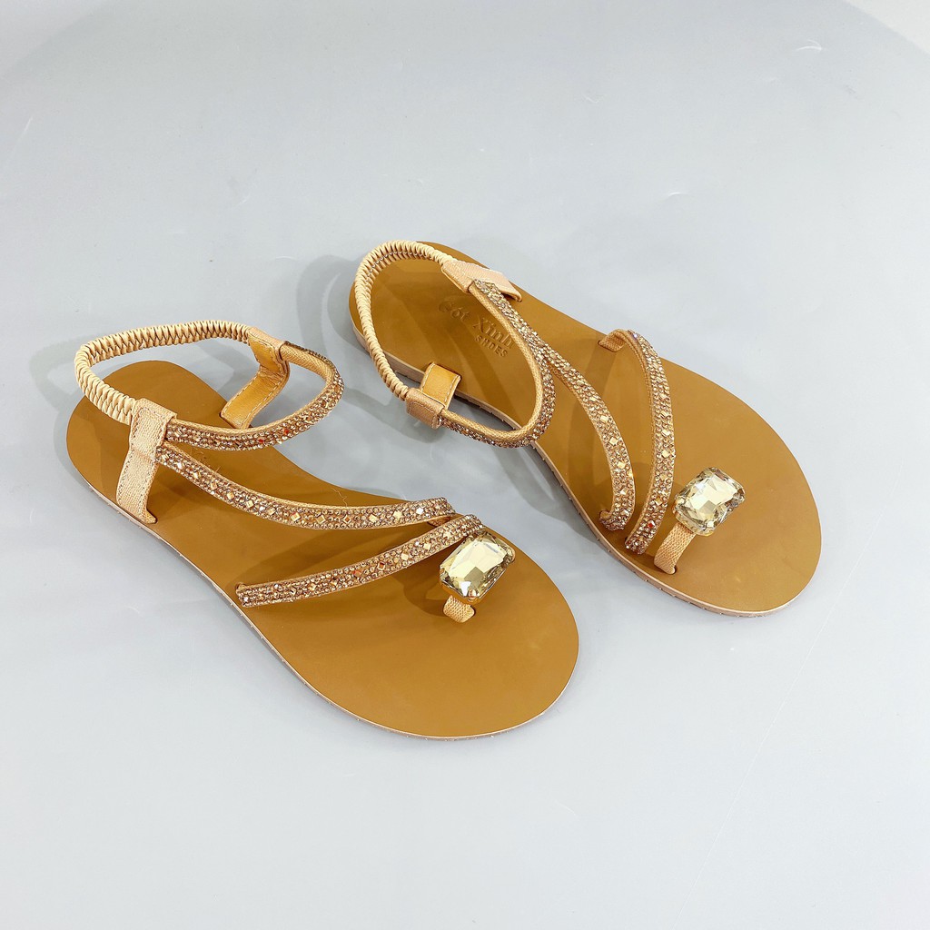 Sandal xỏ ngón nữ GÓT XINH SD6 quai mảnh đính đá đế bệt